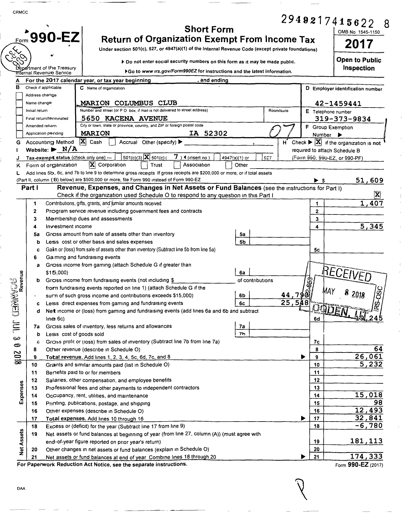 Image of first page of 2017 Form 990EO for Marion Columbus Club (MCC)