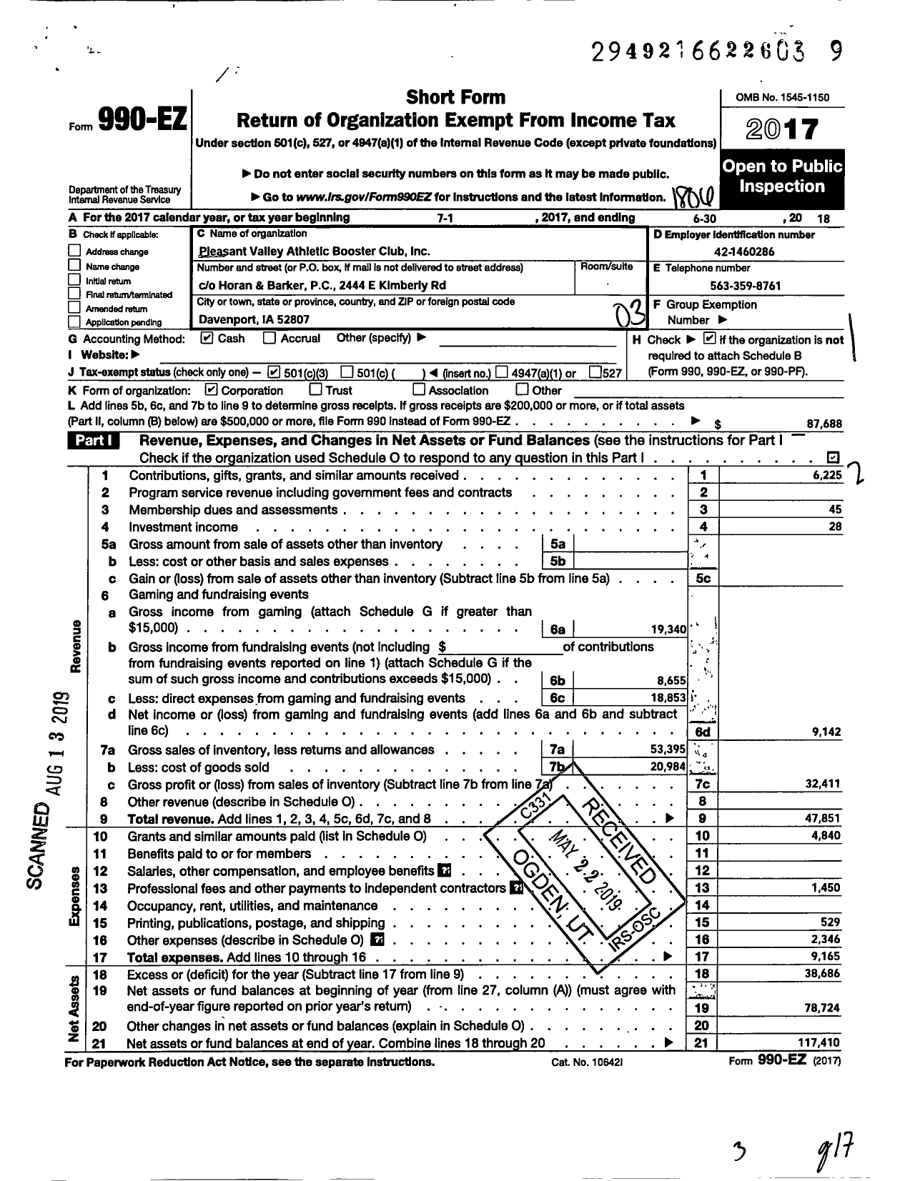 Image of first page of 2017 Form 990EZ for Pleasant Valley Athletic Booster Club