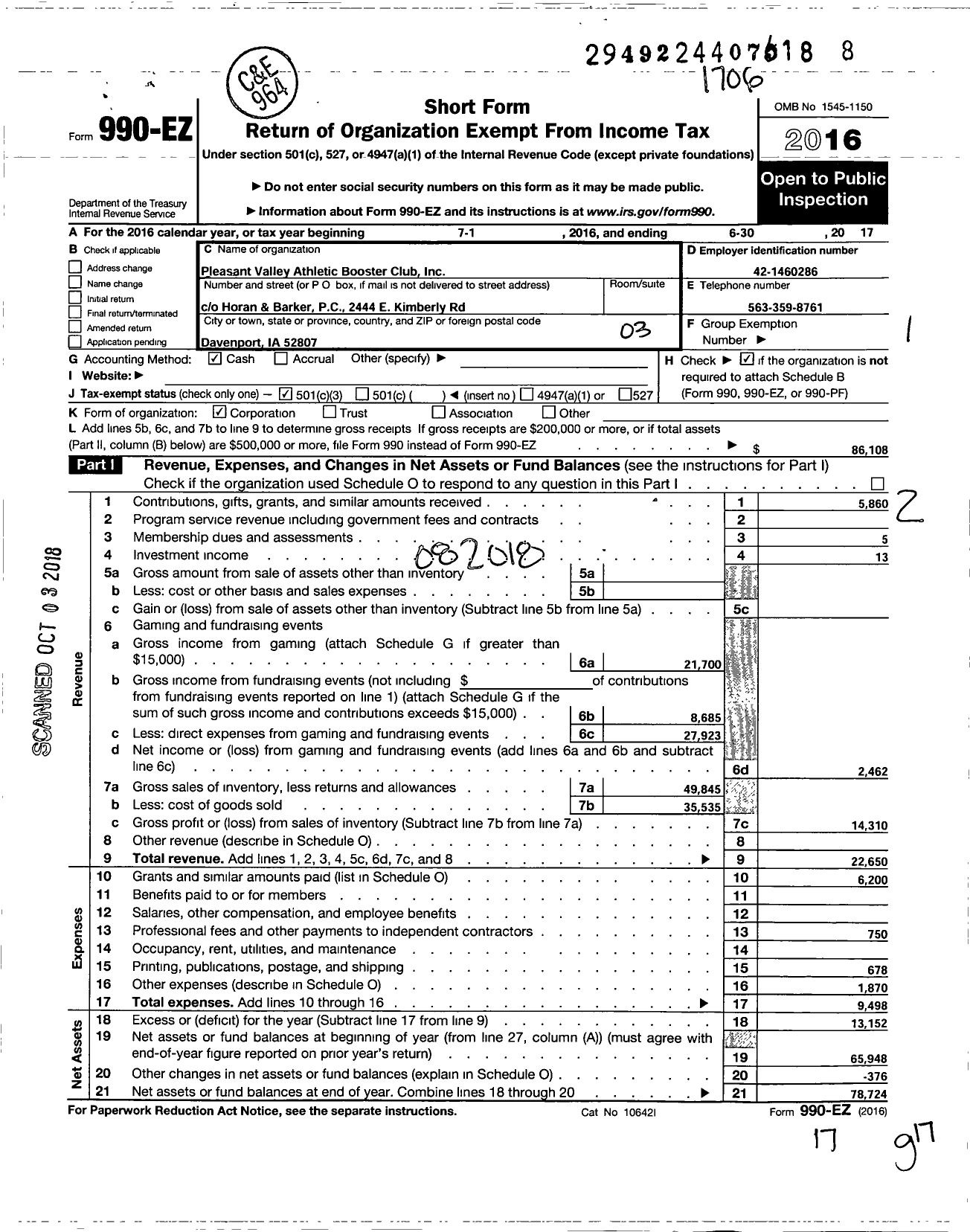 Image of first page of 2016 Form 990EZ for Pleasant Valley Athletic Booster Club