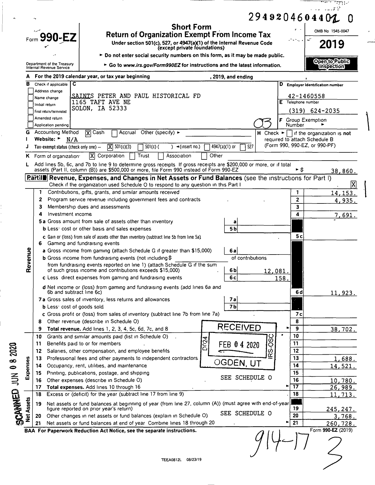 Image of first page of 2019 Form 990EZ for St Peter and Paul Historical Foundation