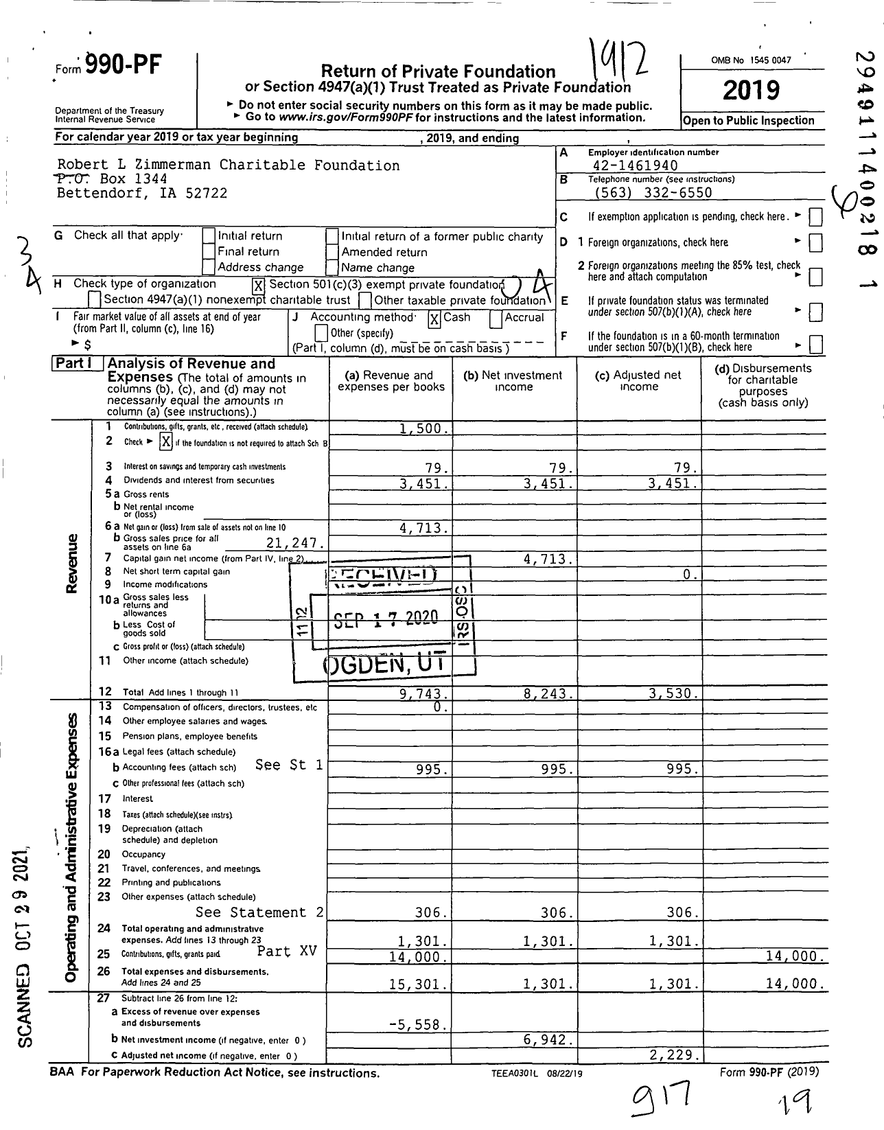 Image of first page of 2019 Form 990PF for Robert L Zimmerman Charitable Foundation