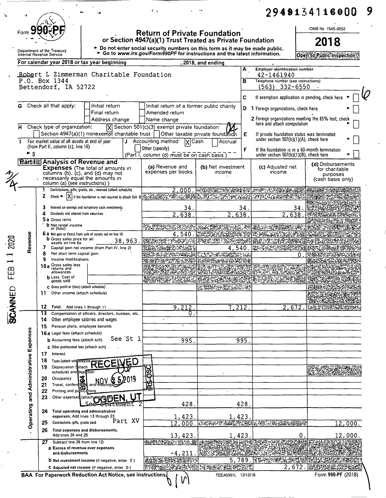 Image of first page of 2018 Form 990PF for Robert L Zimmerman Charitable Foundation