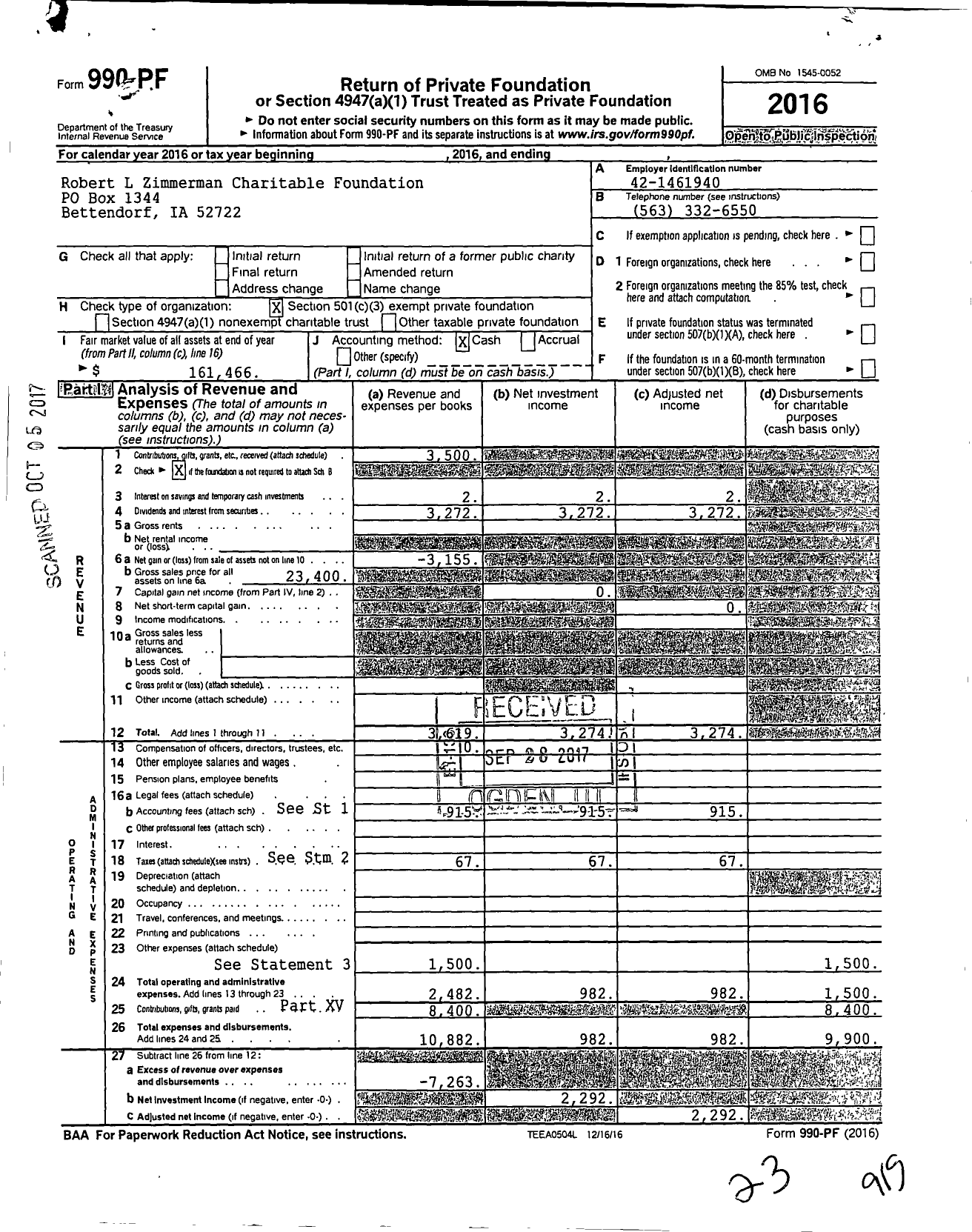 Image of first page of 2016 Form 990PF for Robert L Zimmerman Charitable Foundation