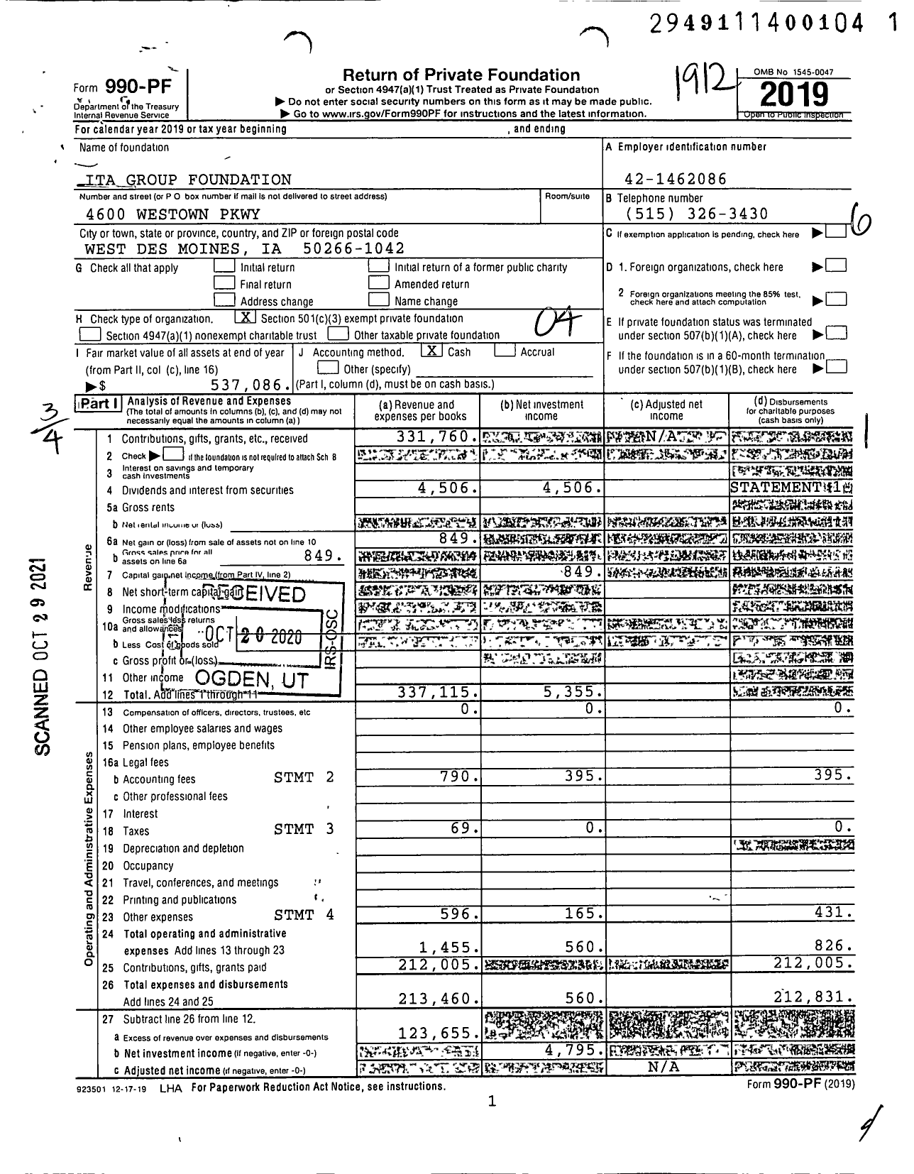 Image of first page of 2019 Form 990PF for ITA Group Foundation