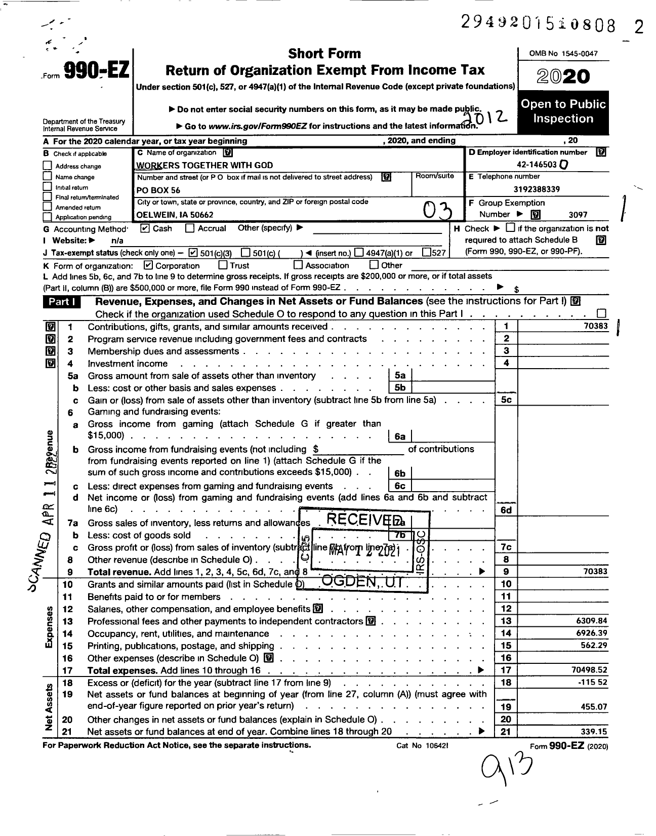 Image of first page of 2020 Form 990EZ for Workers Together with God