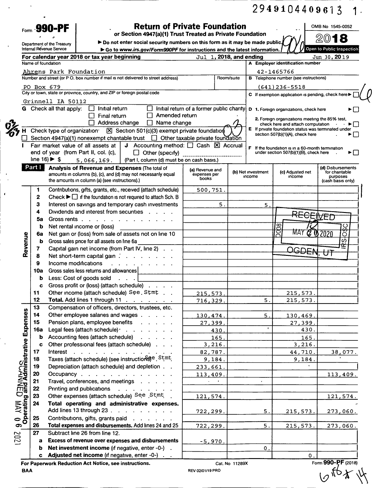 Image of first page of 2018 Form 990PF for Ahrens Park Foundation