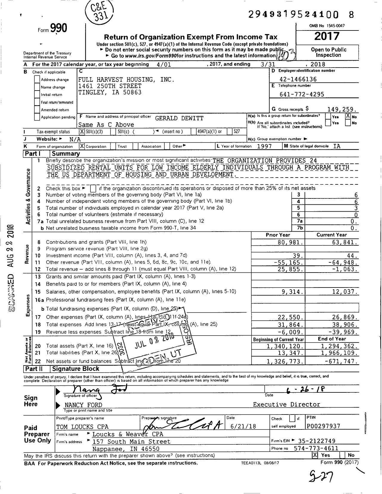 Image of first page of 2017 Form 990 for Full Harvest Housing