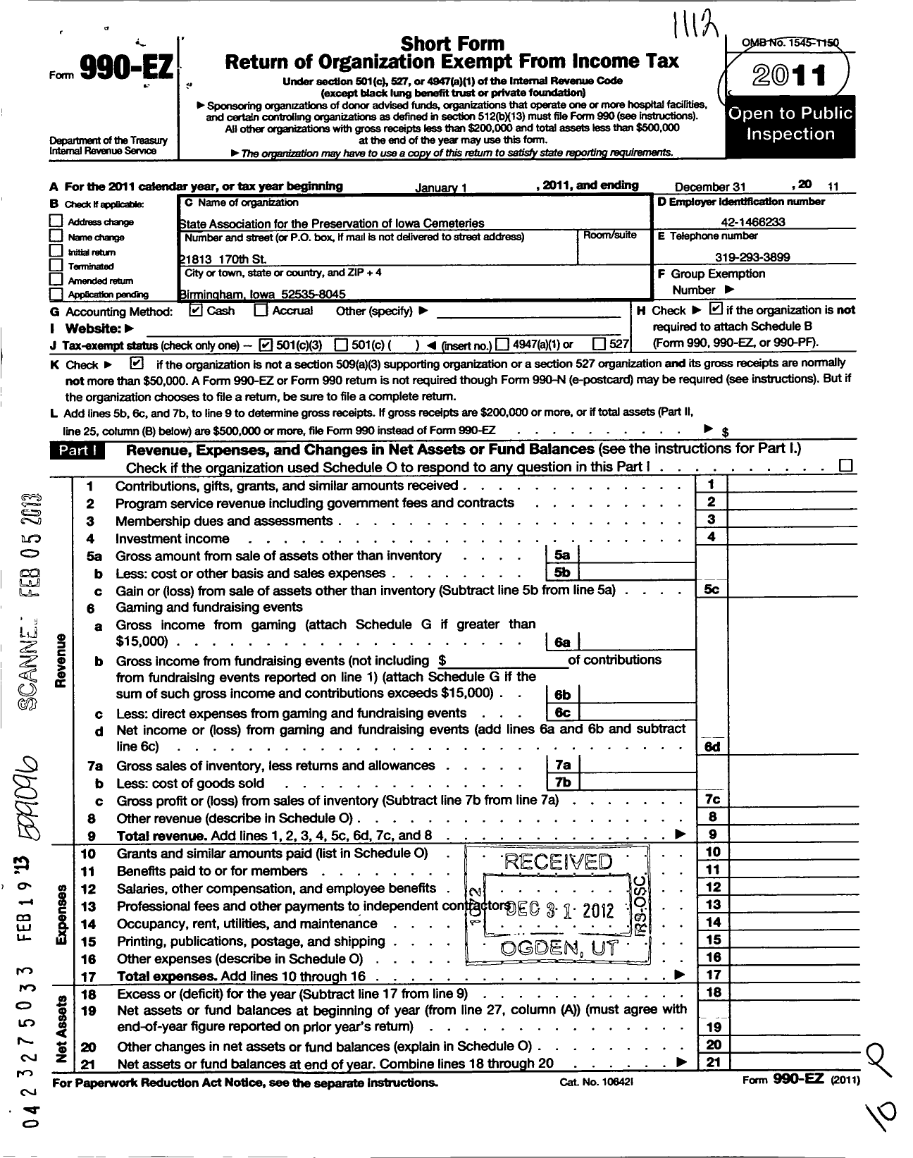 Image of first page of 2011 Form 990EZ for State Association for the Preservation of Iowa Cemeteries