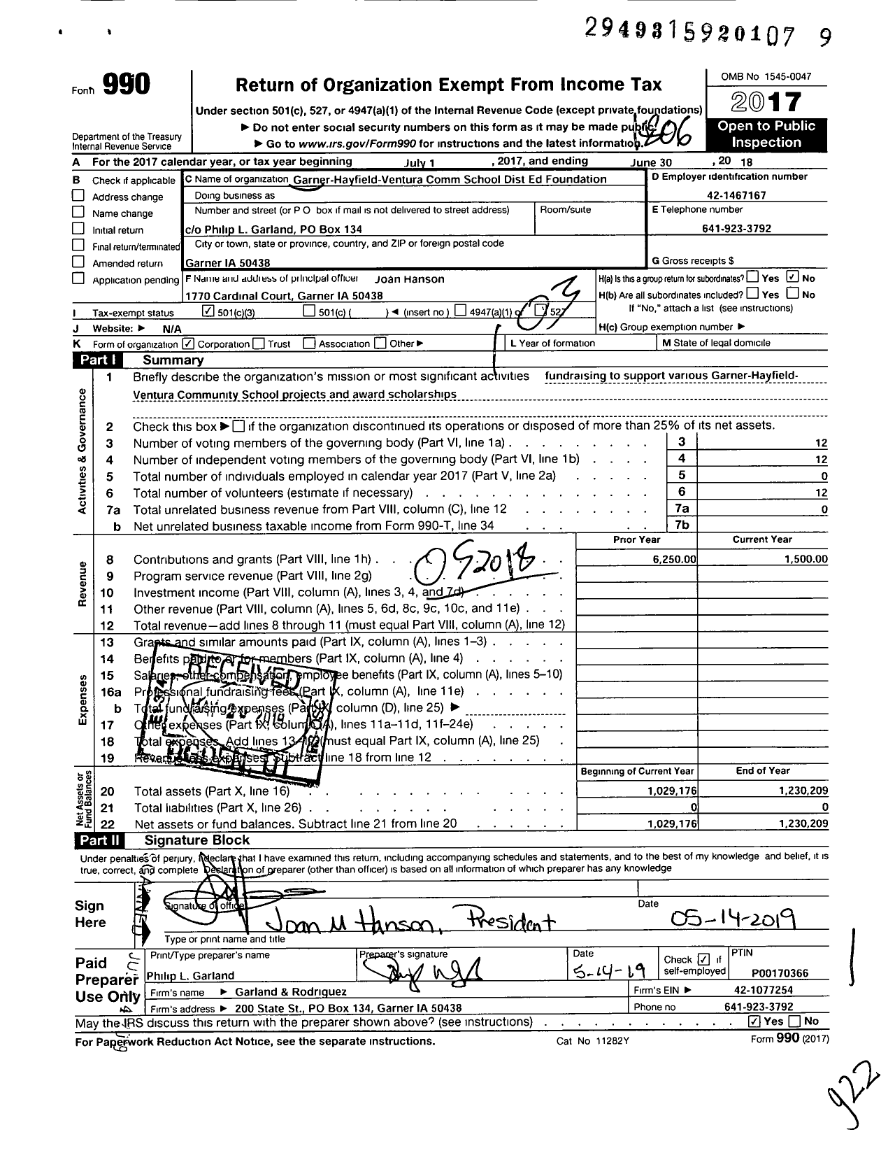 Image of first page of 2017 Form 990 for Garner-Hayfield Ventura Community School Dist Ed Foundation