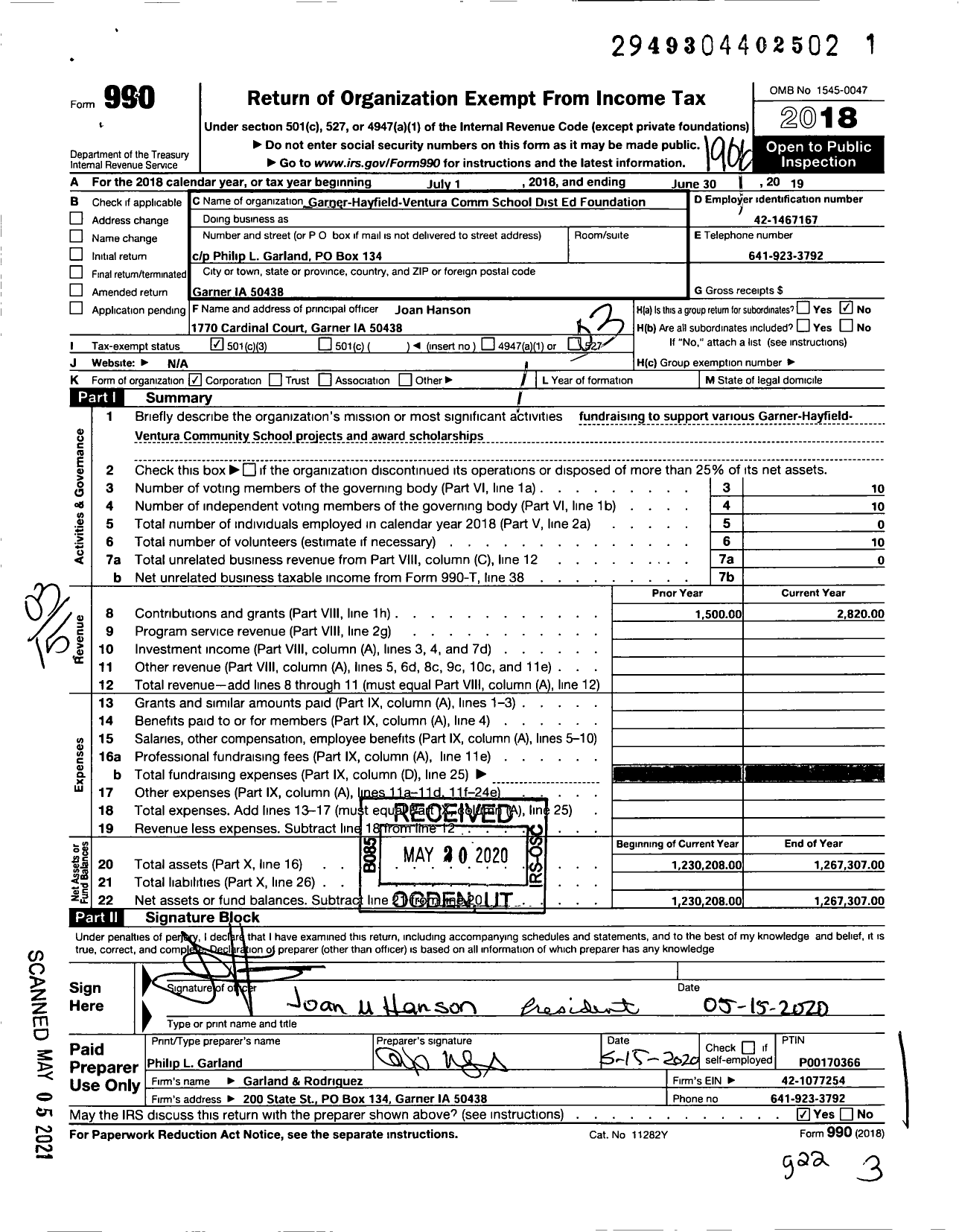 Image of first page of 2018 Form 990 for Garner-Hayfield Ventura Community School Dist Ed Foundation