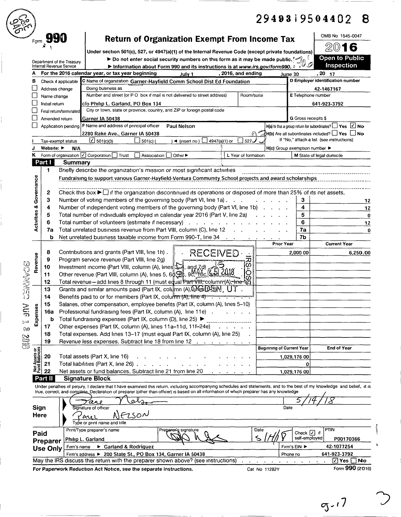 Image of first page of 2016 Form 990 for Garner-Hayfield Ventura Community School Dist Ed Foundation