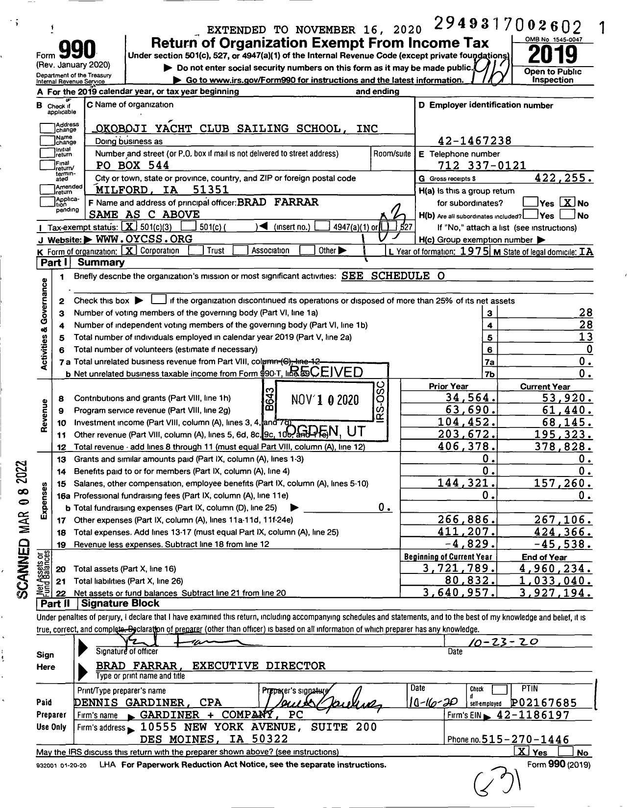 Image of first page of 2019 Form 990 for Okoboji Yacht Club Sailing School
