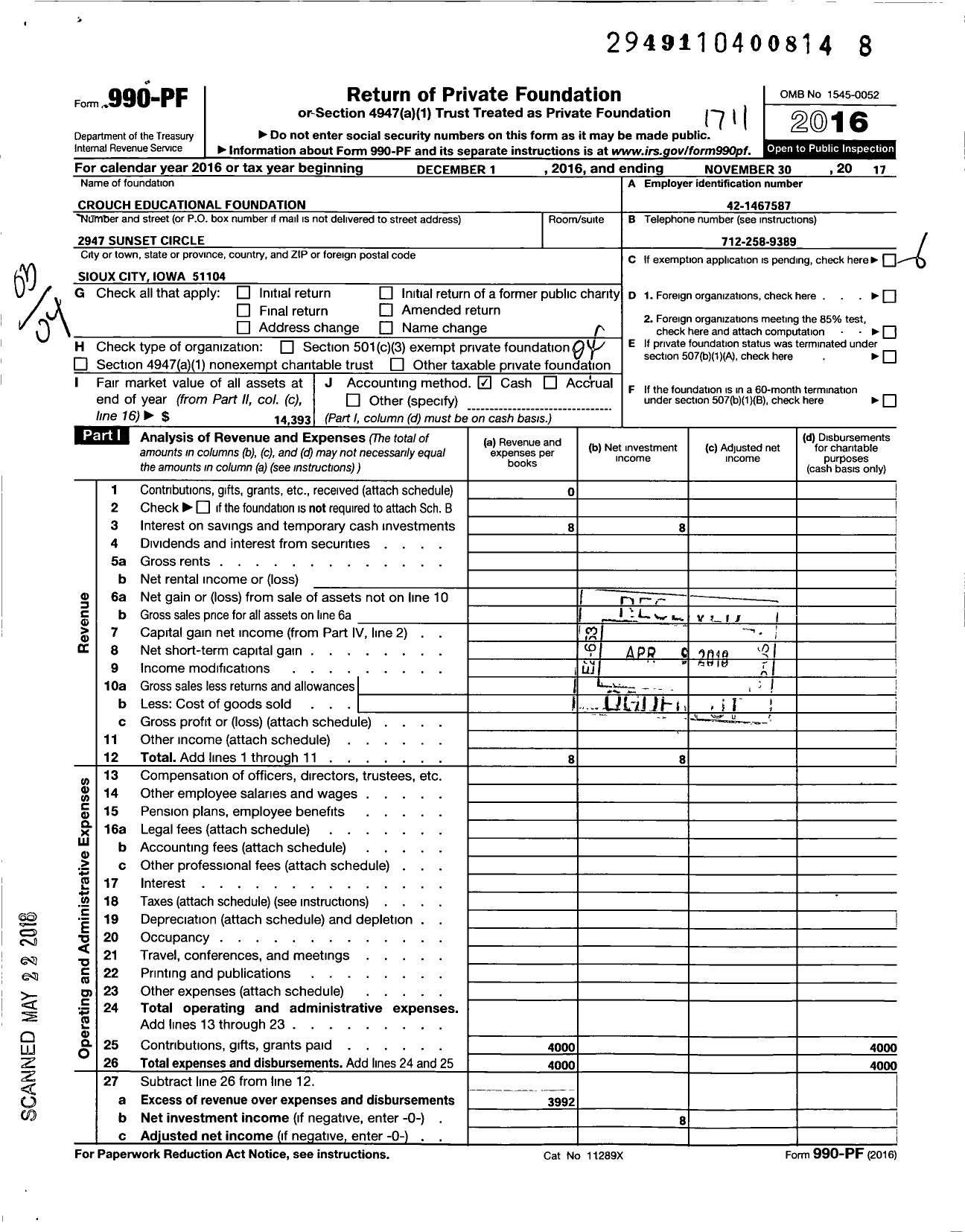Image of first page of 2016 Form 990PF for Crouch Educational Foundation
