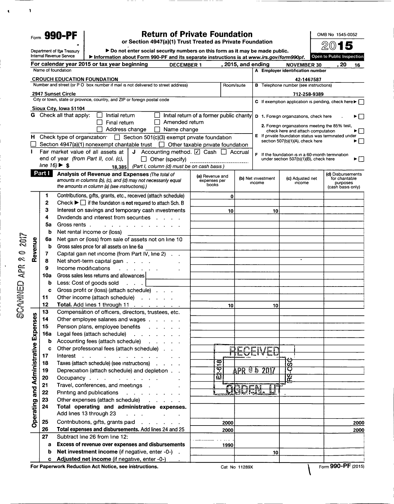 Image of first page of 2015 Form 990PF for Crouch Educational Foundation