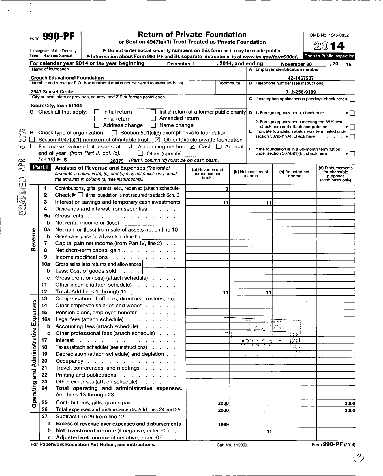 Image of first page of 2014 Form 990PF for Crouch Educational Foundation
