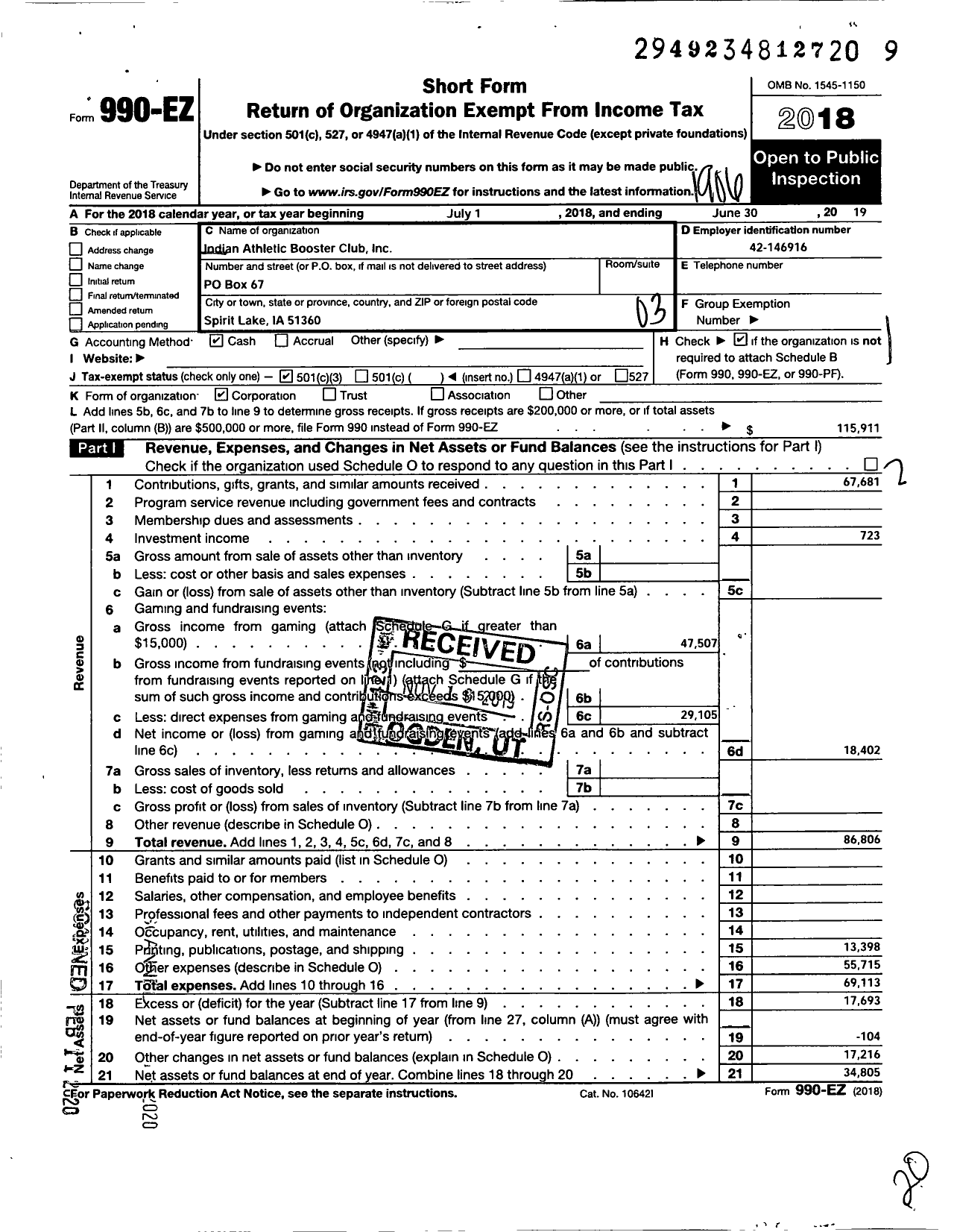 Image of first page of 2018 Form 990EZ for Indian Athletic Booster Club