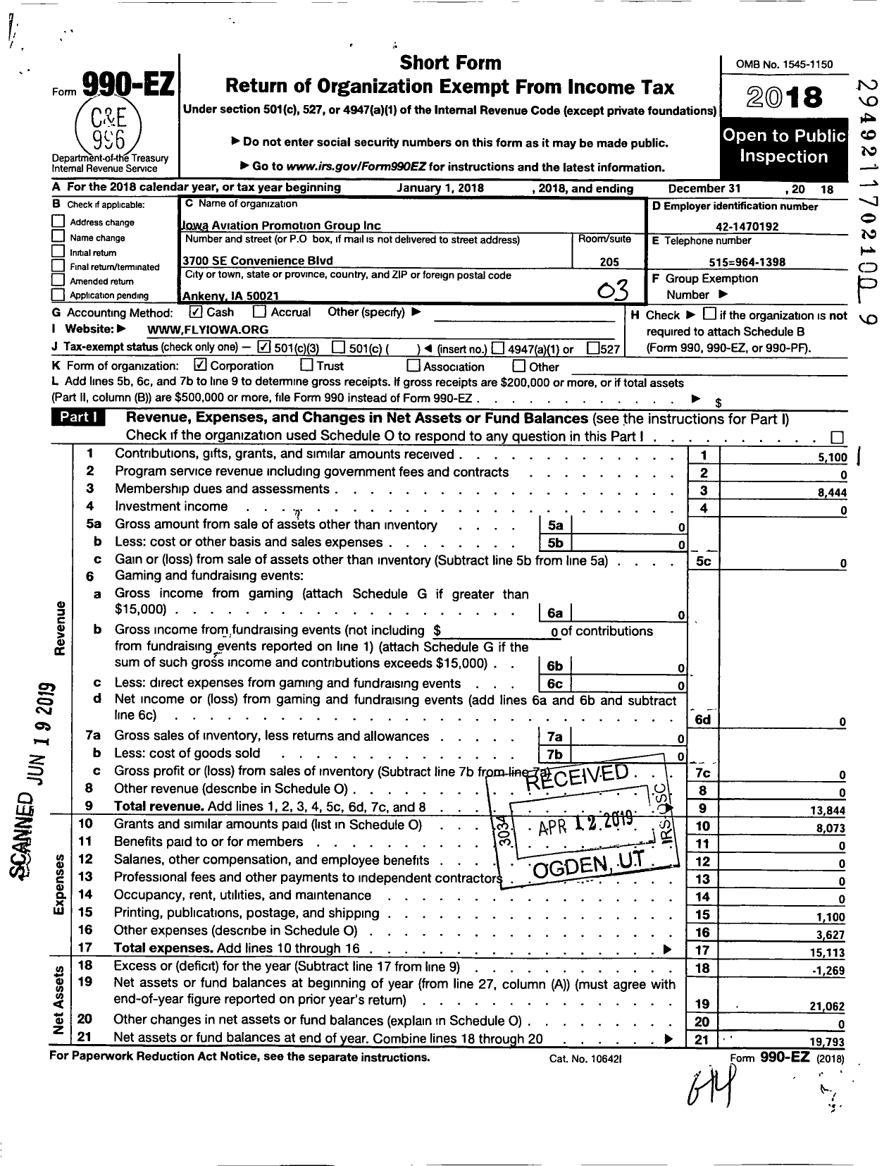 Image of first page of 2018 Form 990EZ for Iowa Aviation Promotion Group