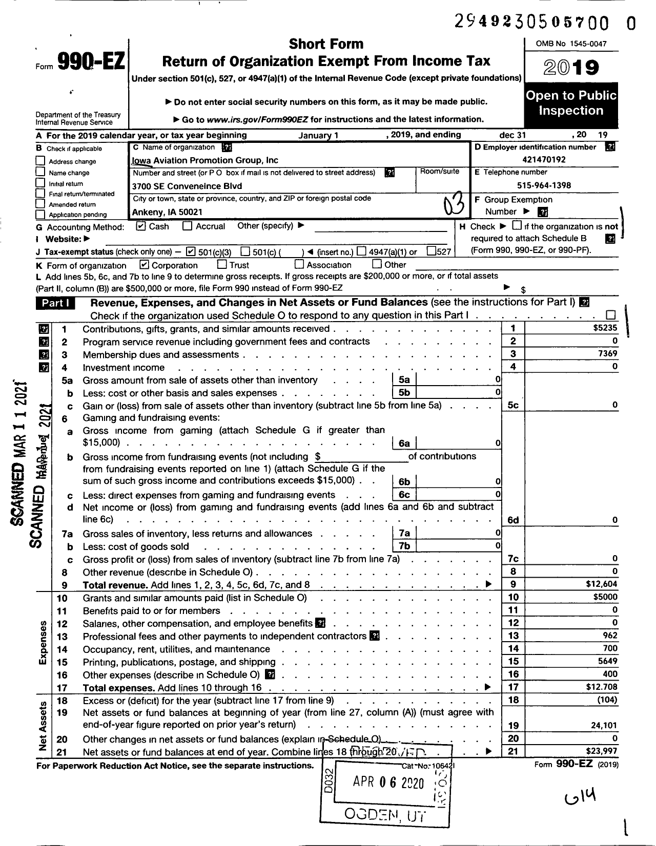 Image of first page of 2019 Form 990EZ for Iowa Aviation Promotion Group