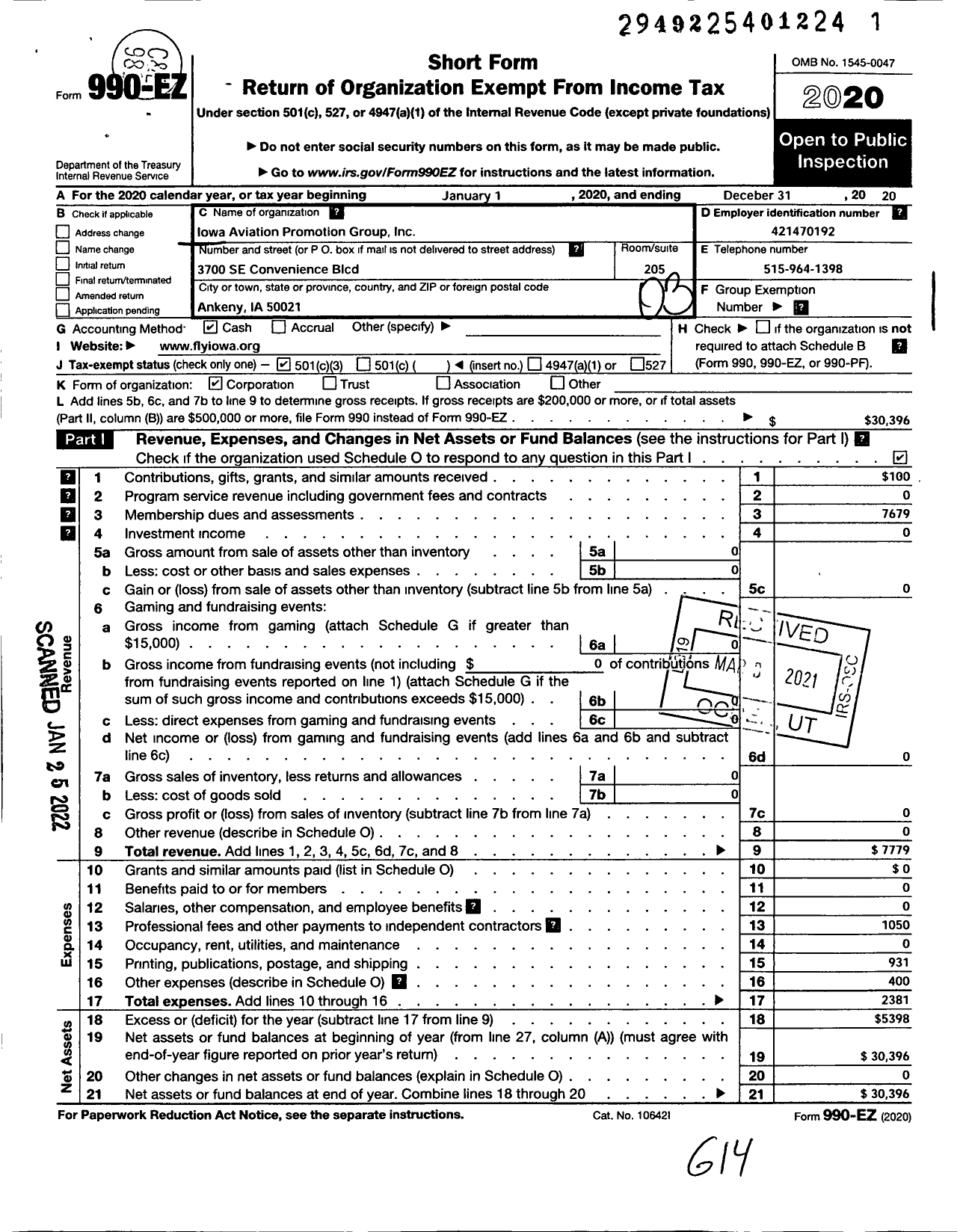 Image of first page of 2020 Form 990EZ for Iowa Aviation Promotion Group