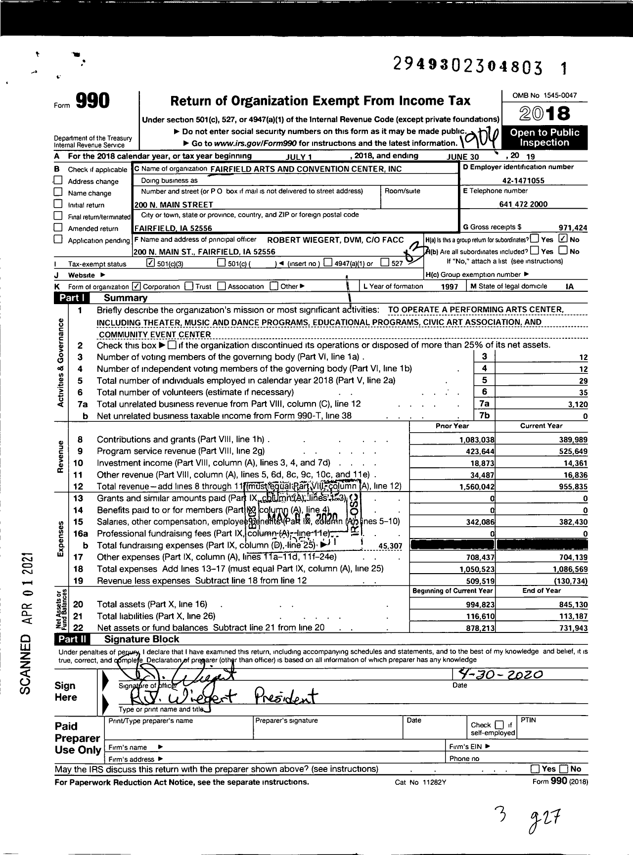 Image of first page of 2018 Form 990 for Fairfield Arts and Convention Center