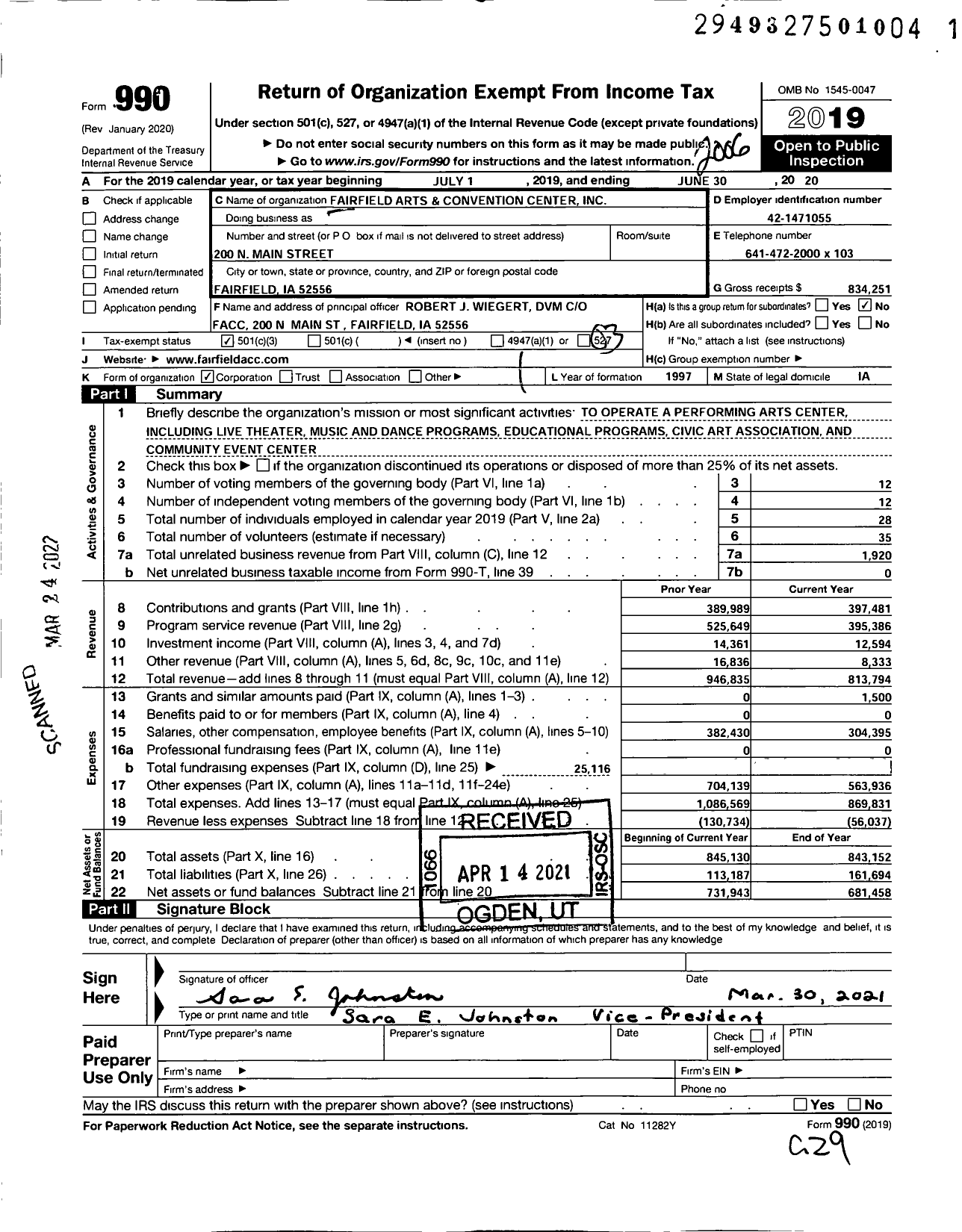 Image of first page of 2019 Form 990 for Fairfield Arts and Convention Center