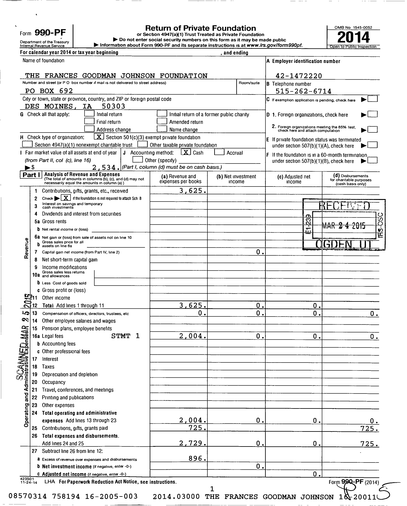 Image of first page of 2014 Form 990PF for The Walter and Frances Goodman Johnson Foundation