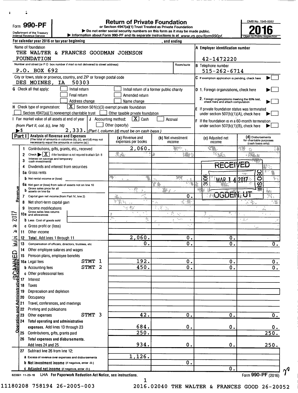 Image of first page of 2016 Form 990PF for The Walter and Frances Goodman Johnson Foundation