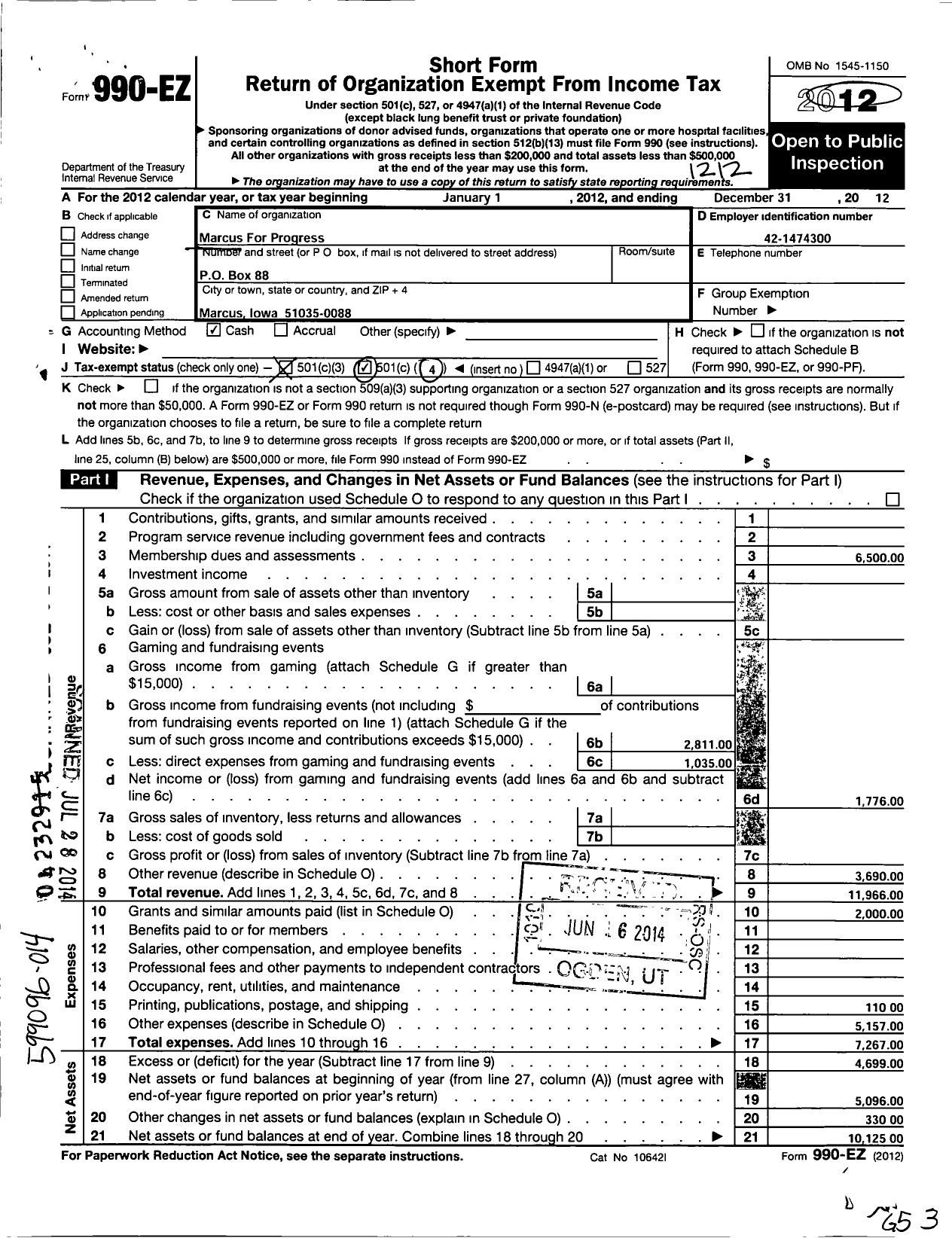 Image of first page of 2012 Form 990EZ for Marcus for Progress