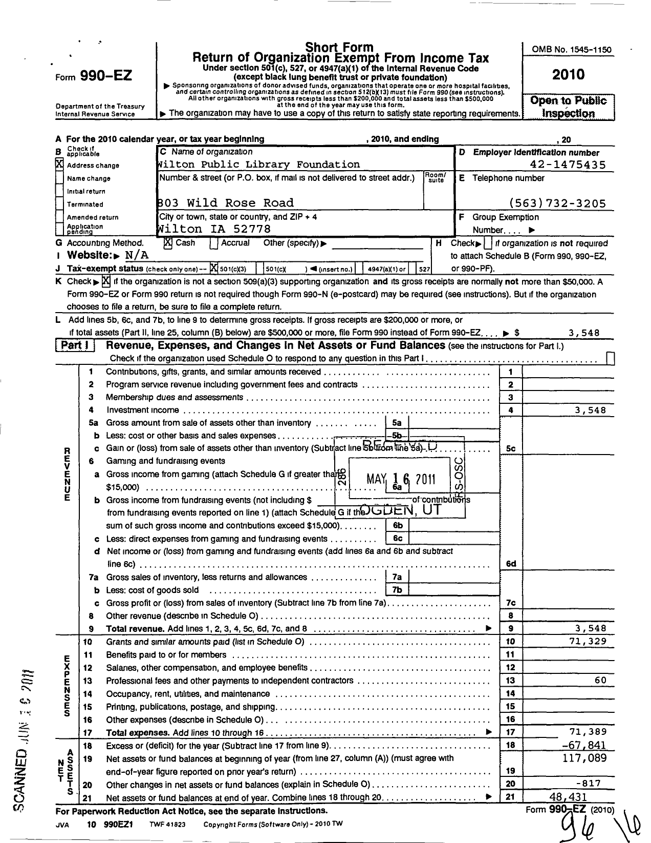 Image of first page of 2010 Form 990EZ for Wilton Public Library Foundation