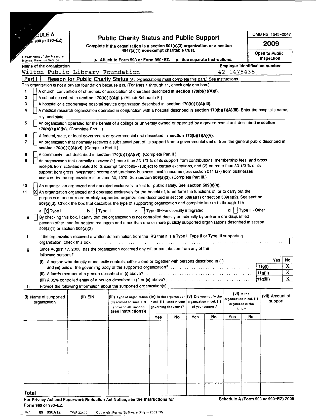 Image of first page of 2009 Form 990ER for Wilton Public Library Foundation