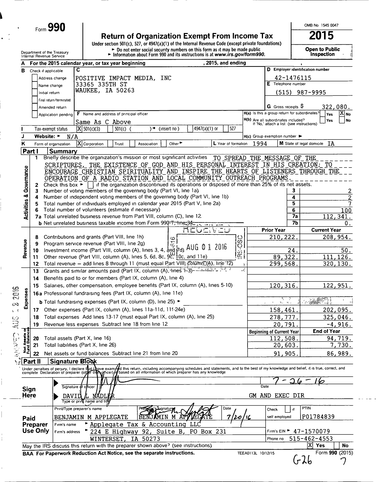 Image of first page of 2015 Form 990 for Positive Impact Media