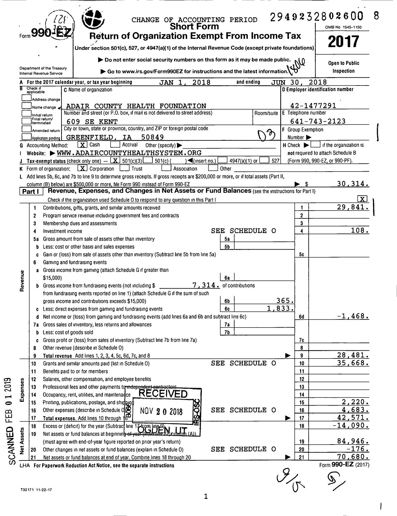 Image of first page of 2017 Form 990EZ for Adair County Health Foundation
