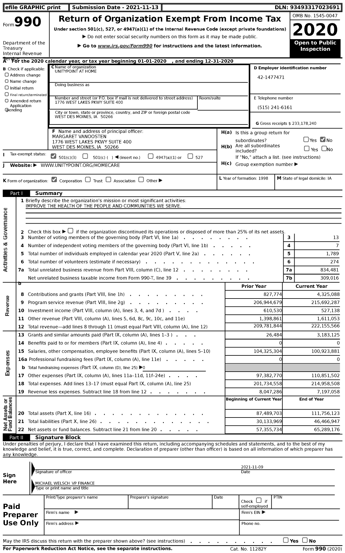 Image of first page of 2020 Form 990 for UnityPoint at Home