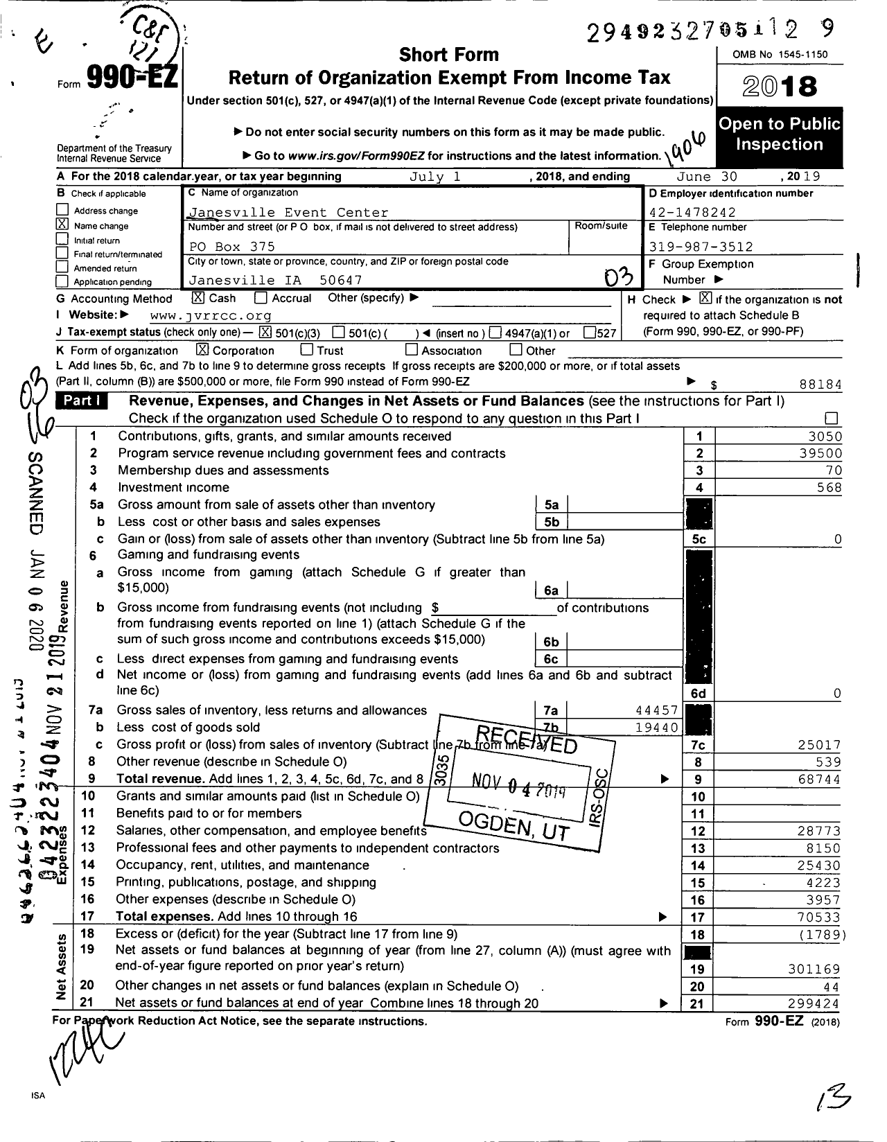 Image of first page of 2018 Form 990EZ for Janesville Event Center