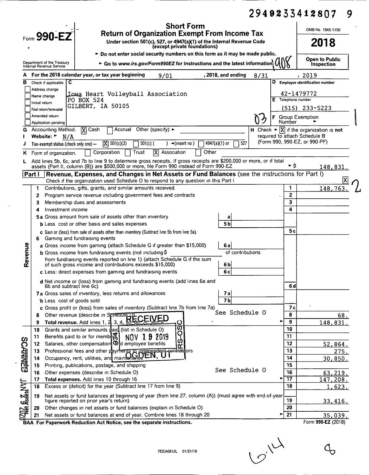 Image of first page of 2018 Form 990EZ for Iowa Heart Volleyball Association