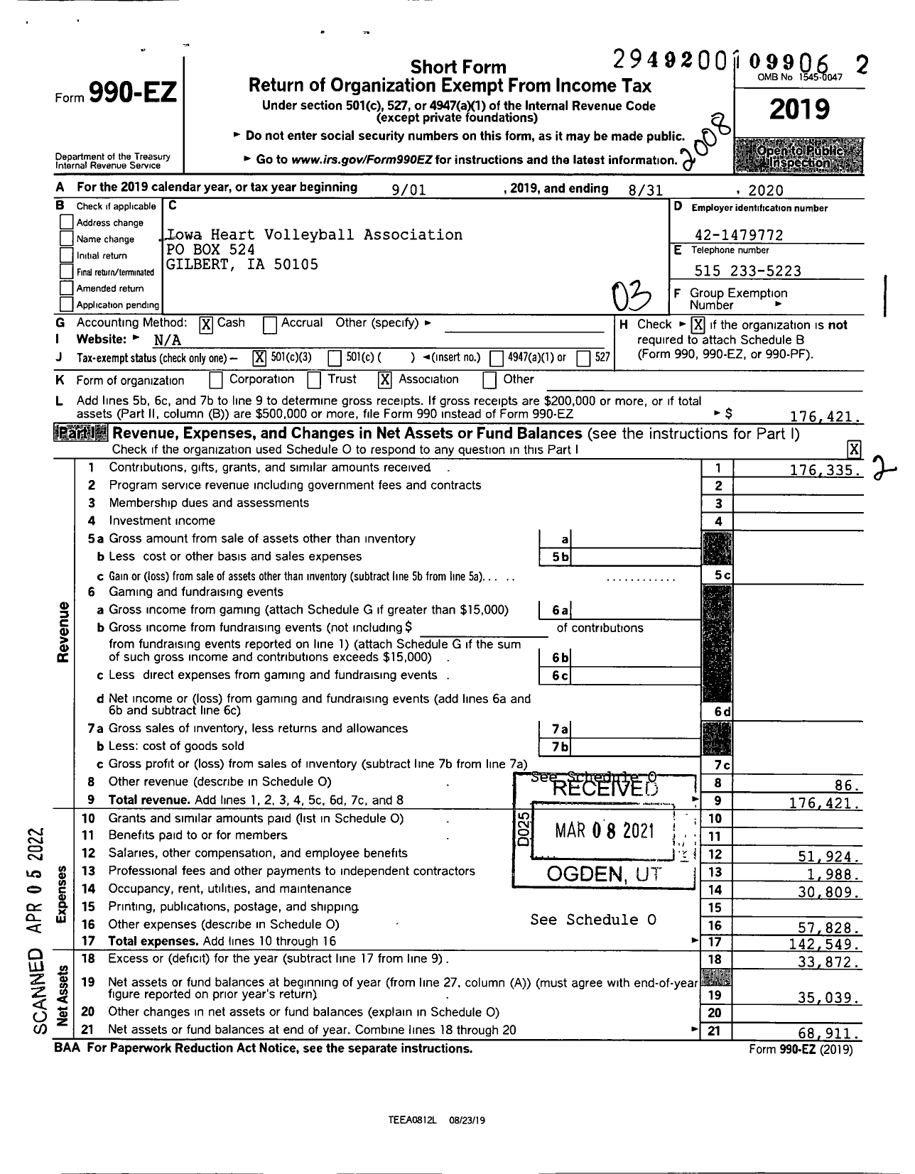 Image of first page of 2019 Form 990EZ for Iowa Heart Volleyball Association