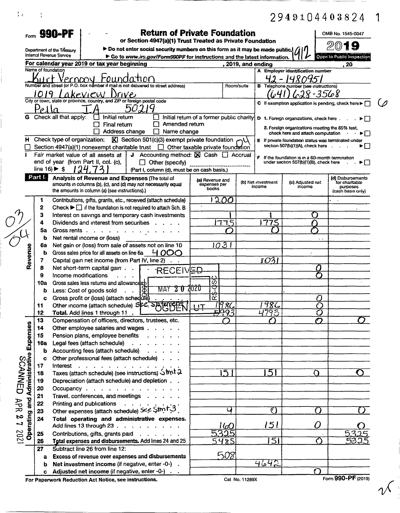 Image of first page of 2019 Form 990PF for Kurt Vernooy Foundation