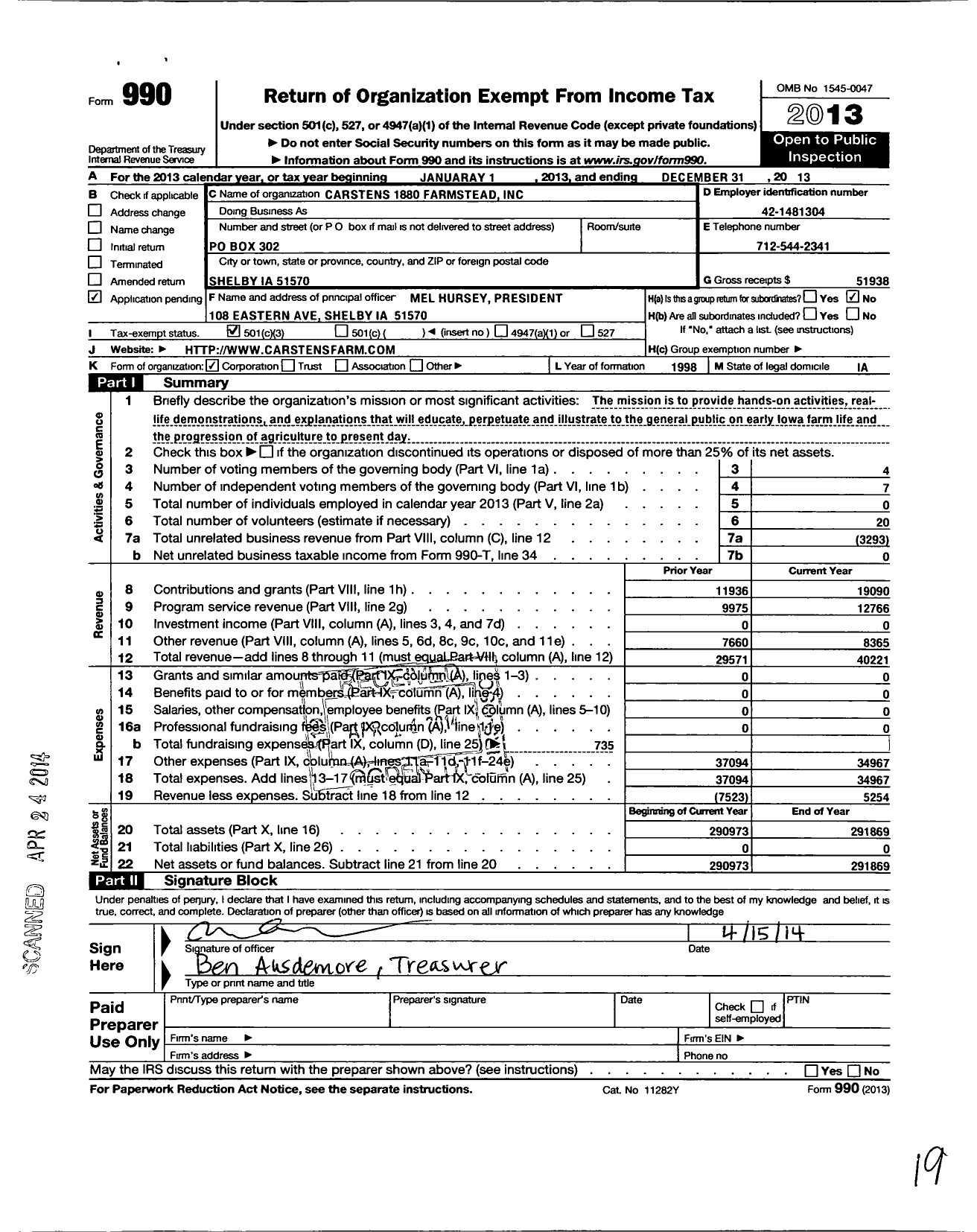 Image of first page of 2013 Form 990 for Carstens 1880 Farmstead