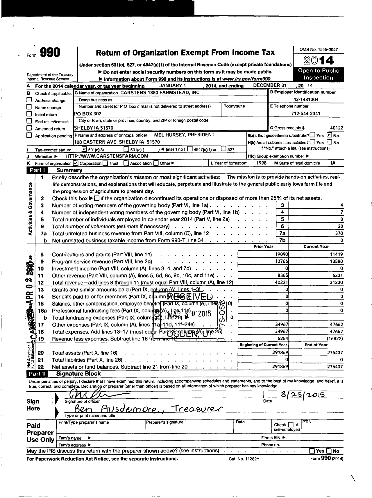 Image of first page of 2014 Form 990 for Carstens 1880 Farmstead