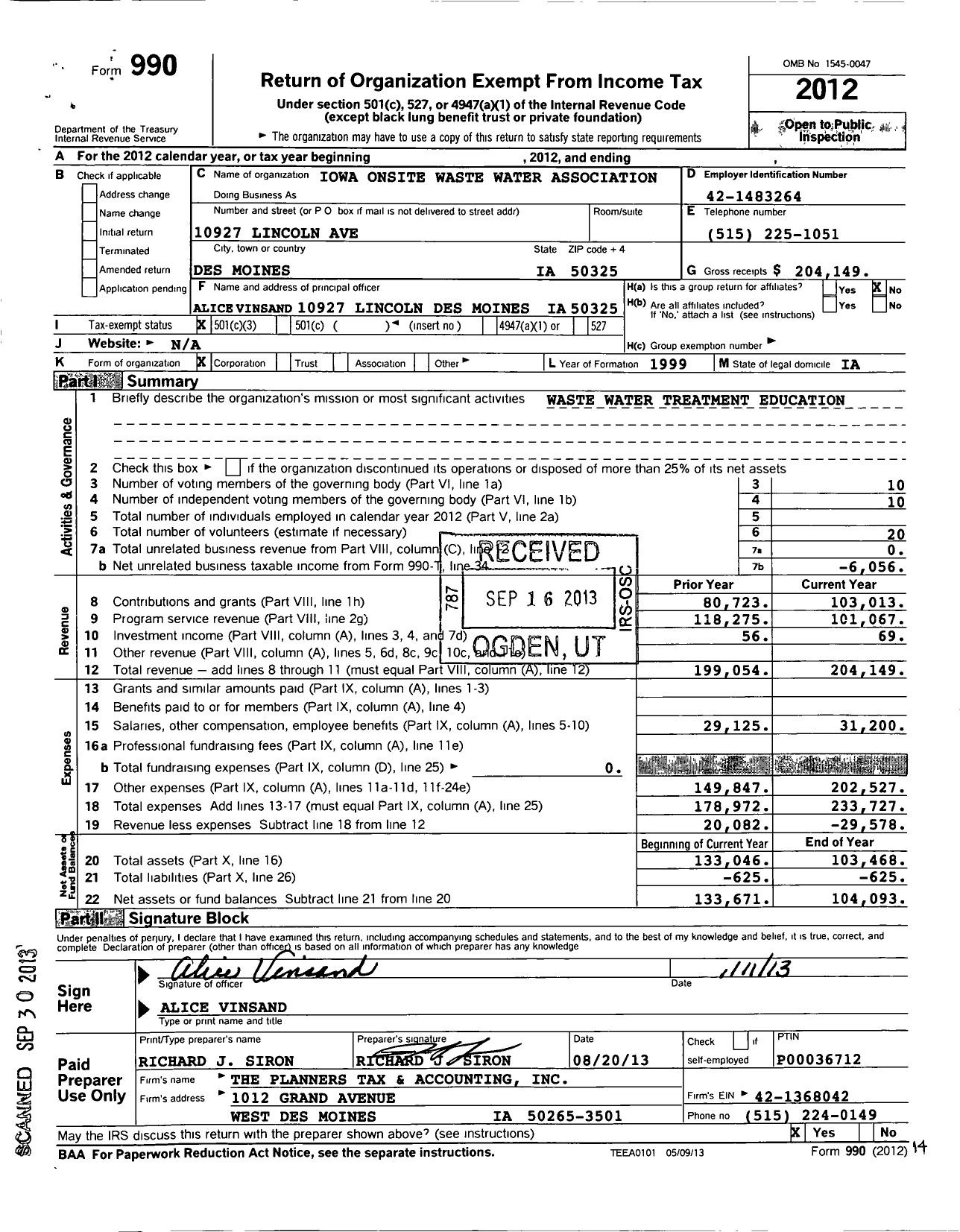 Image of first page of 2012 Form 990 for Iowa Onsite Waste Water Association
