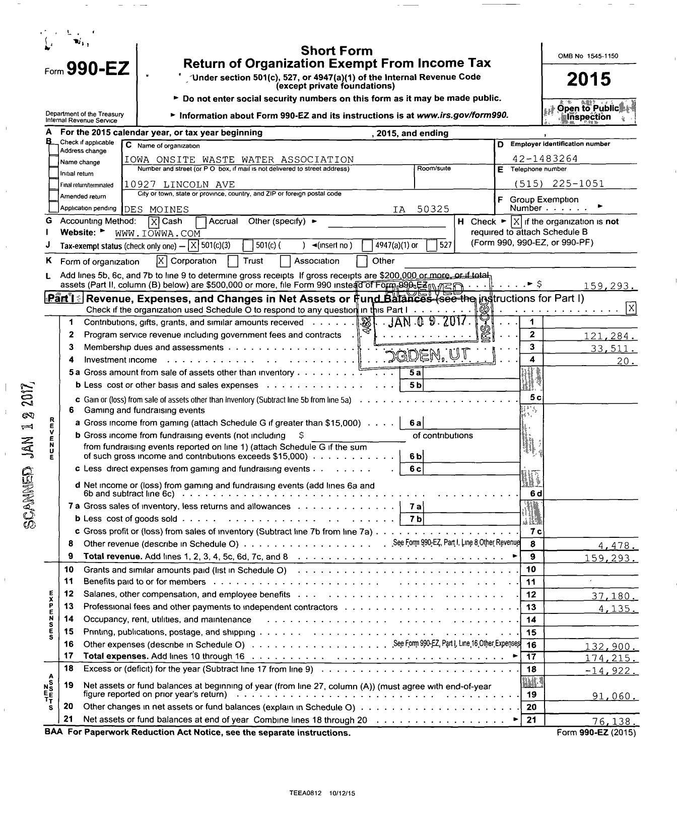 Image of first page of 2015 Form 990EZ for Iowa Onsite Waste Water Association