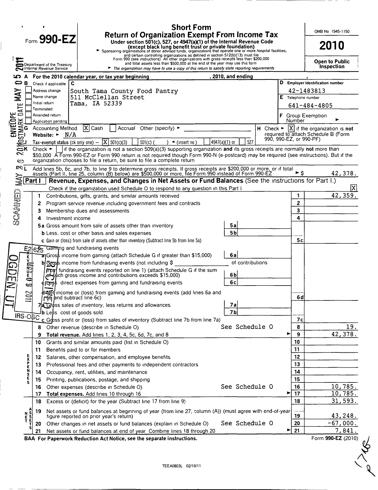 Image of first page of 2010 Form 990EZ for South Tama County Food Pantry