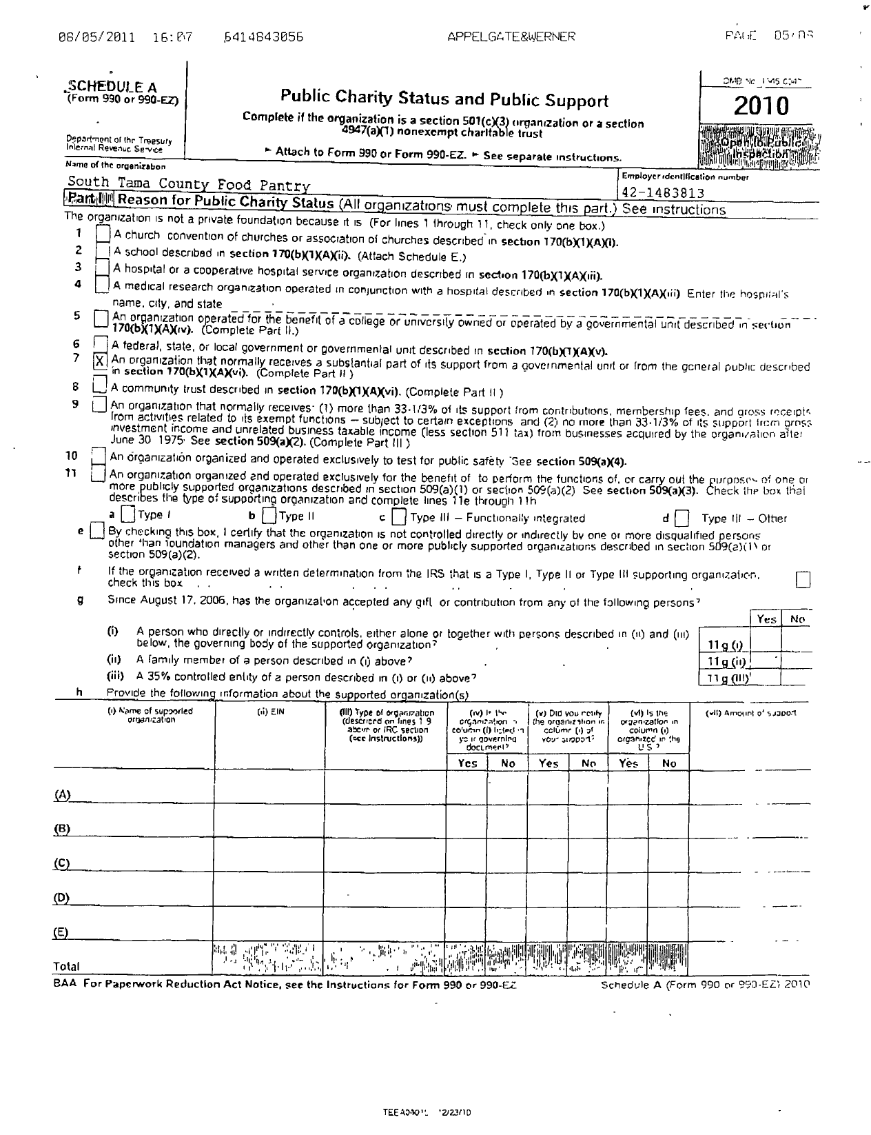 Image of first page of 2010 Form 990ER for South Tama County Food Pantry