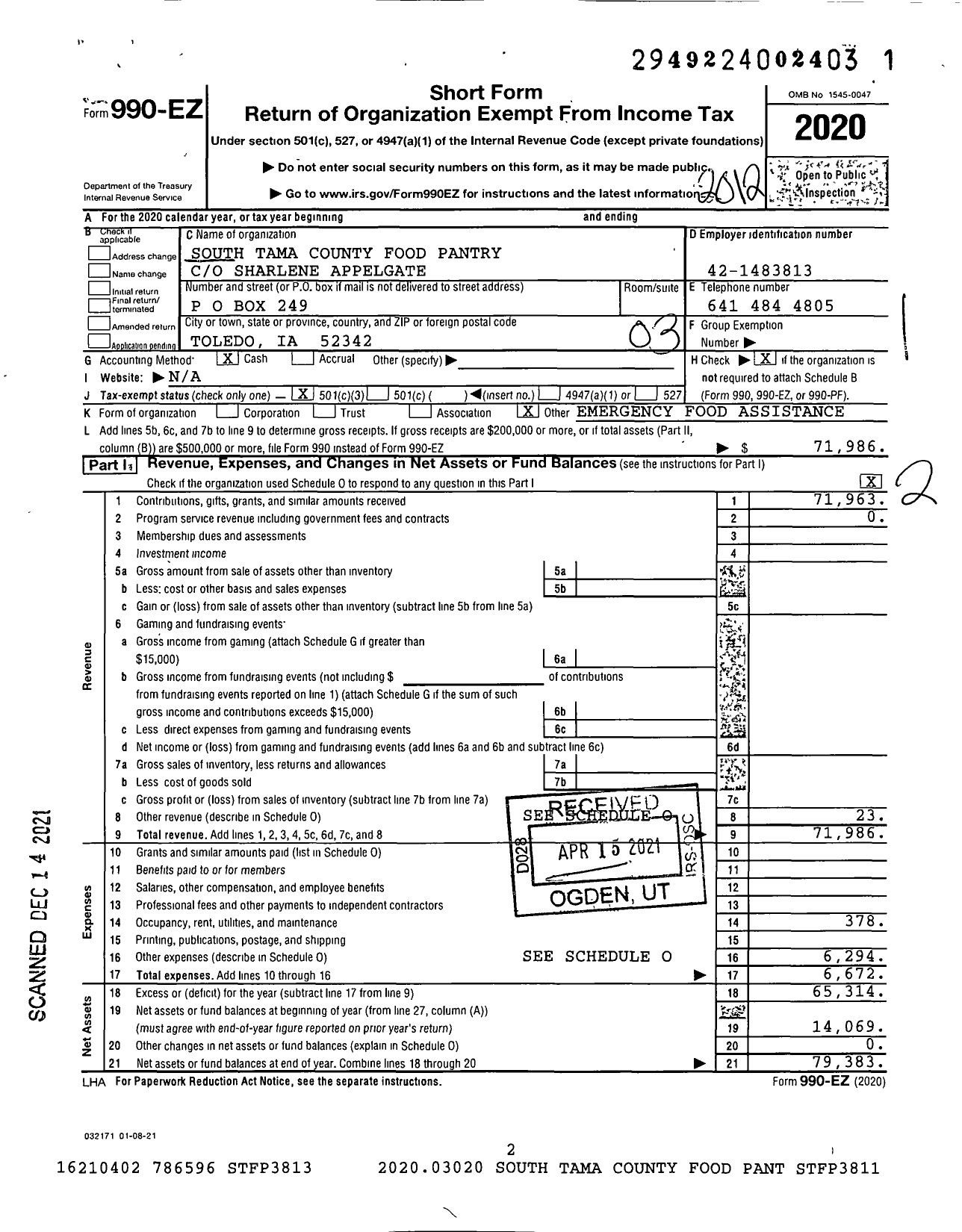 Image of first page of 2020 Form 990EZ for South Tama County Food Pantry