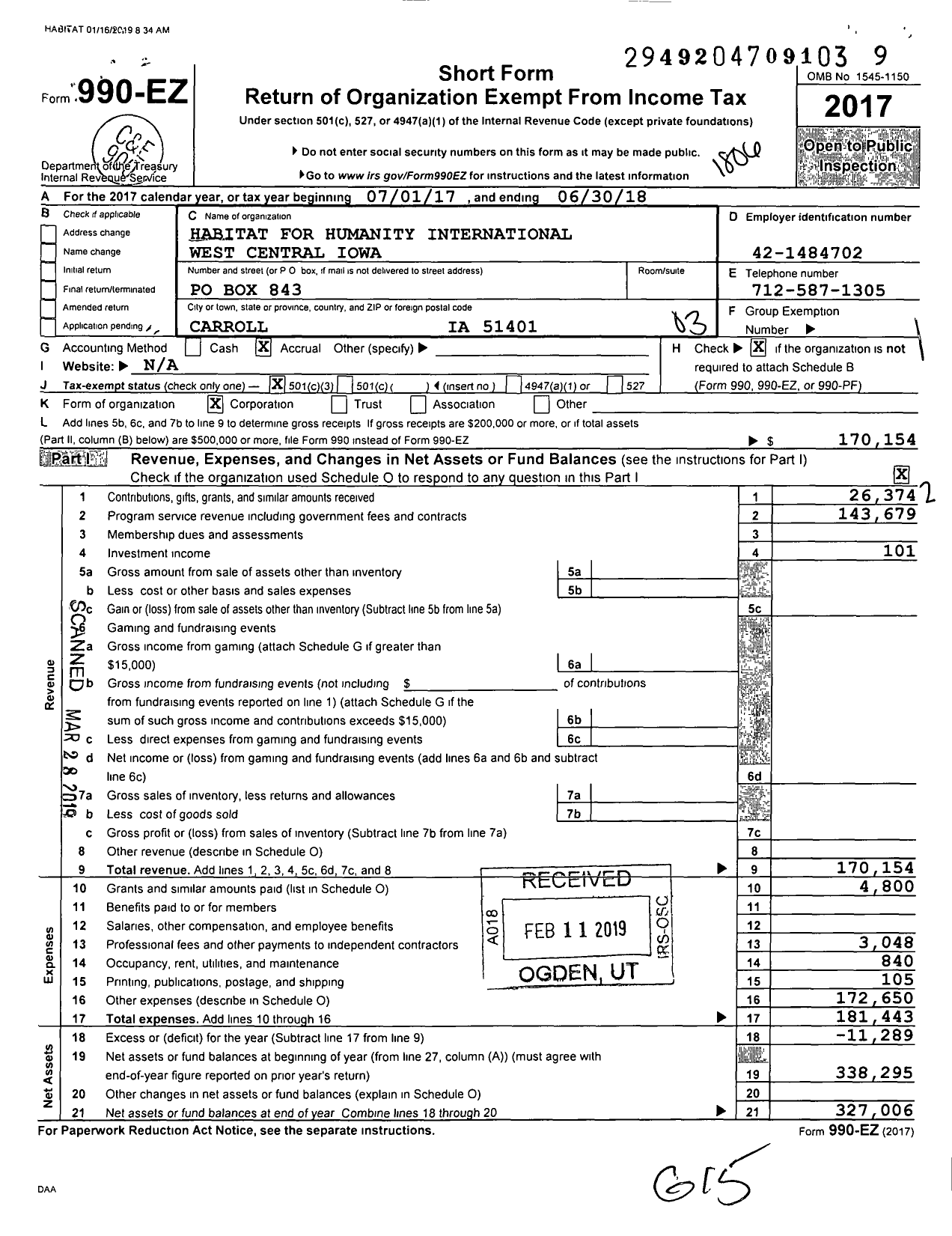 Image of first page of 2017 Form 990EZ for Habitat for Humanity International West Central Iowa