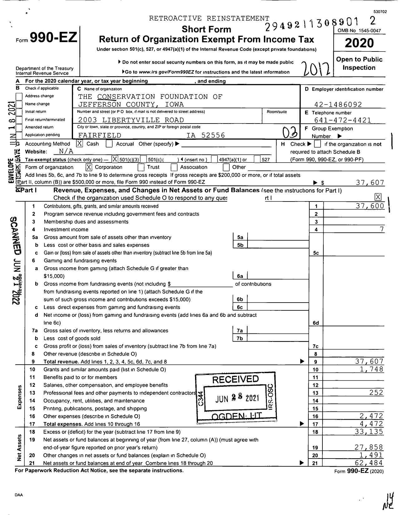 Image of first page of 2020 Form 990EZ for The Conservation Foundation of Jefferson County Iowa