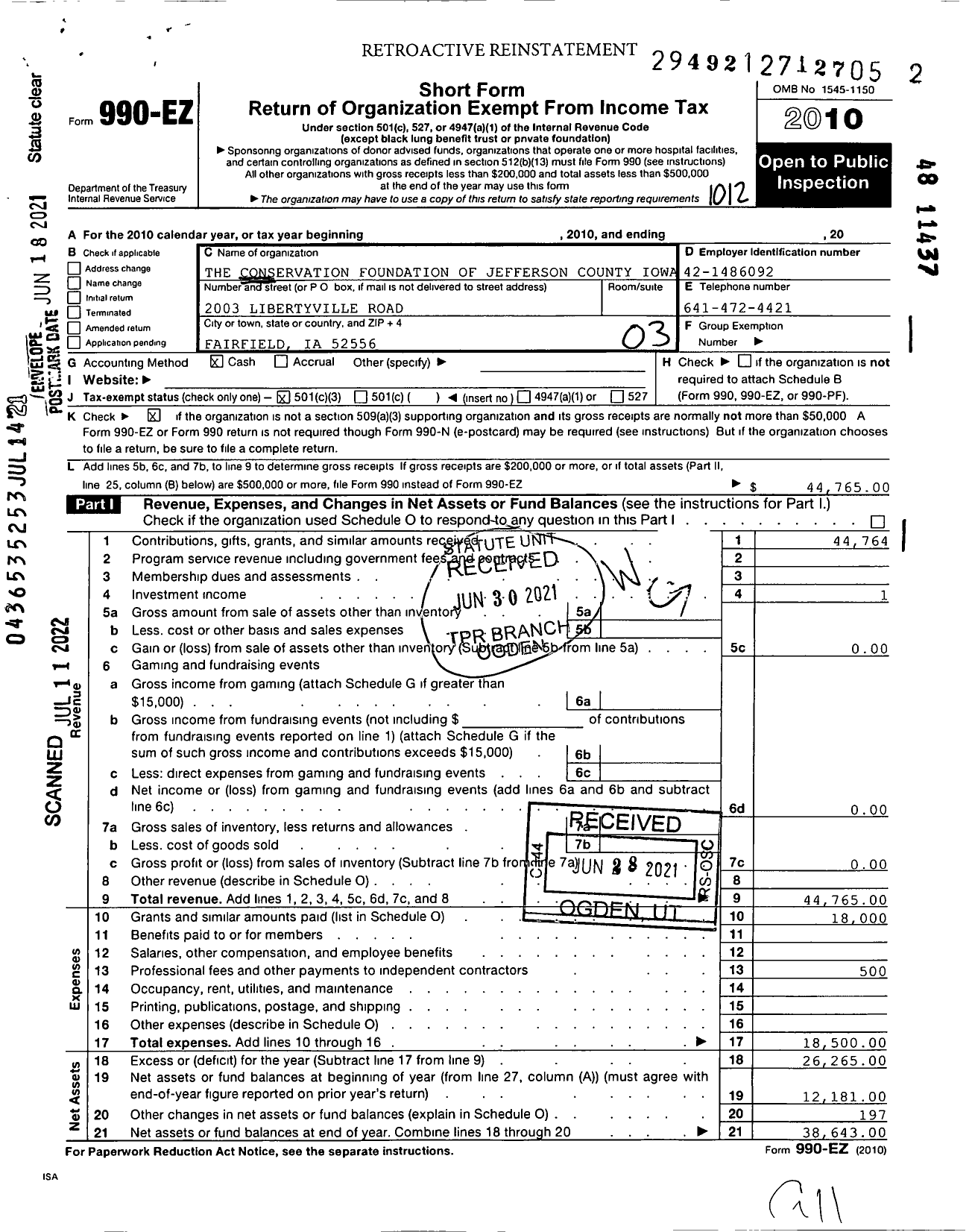 Image of first page of 2010 Form 990EZ for The Conservation Foundation of Jefferson County Iowa