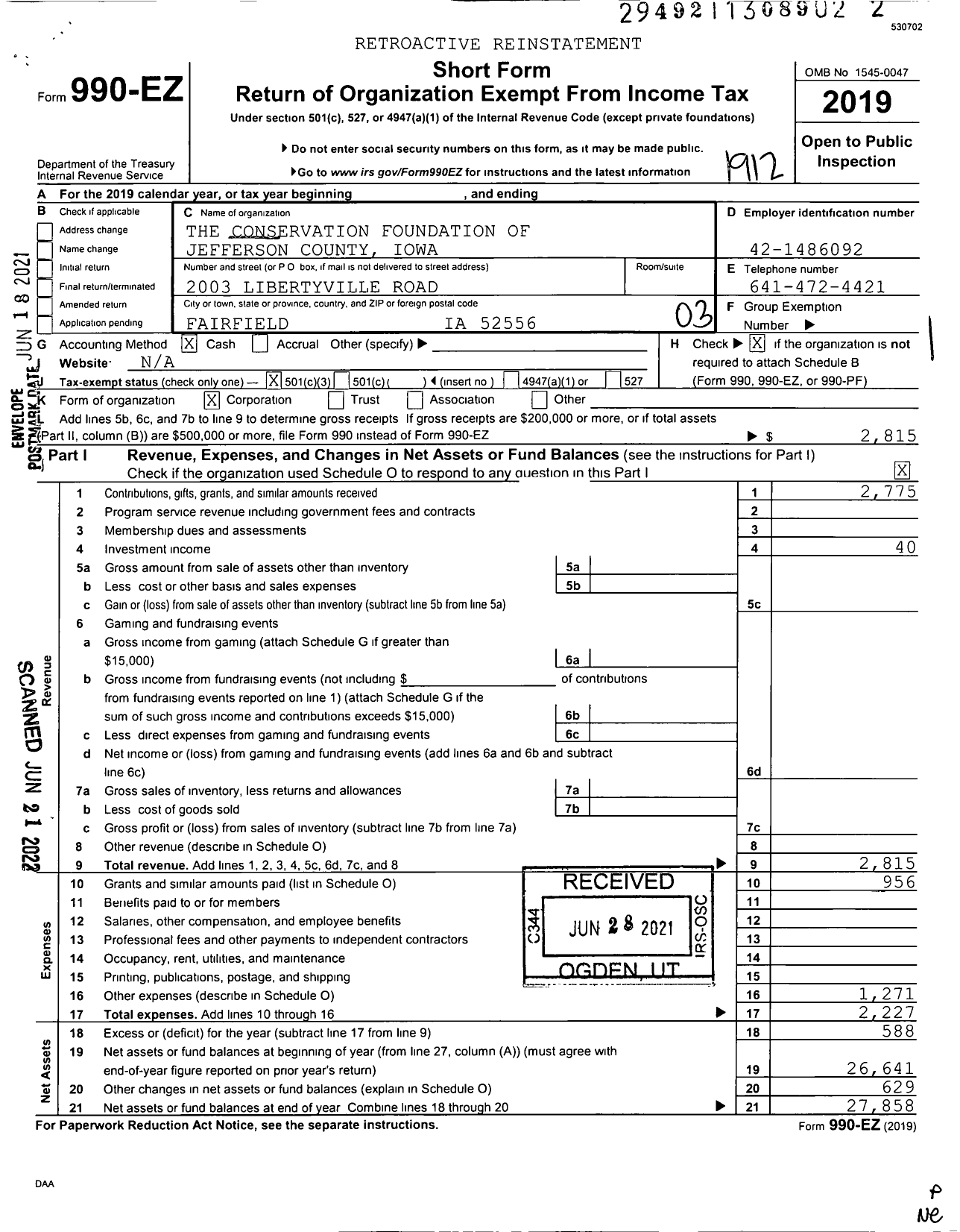 Image of first page of 2019 Form 990EZ for The Conservation Foundation of Jefferson County Iowa