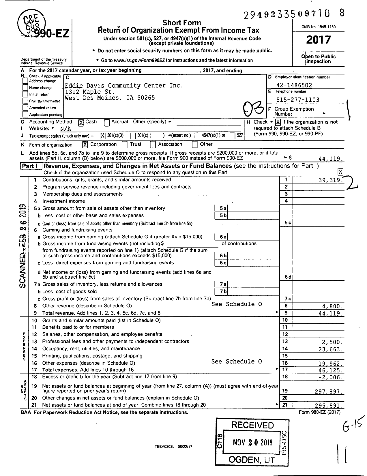 Image of first page of 2017 Form 990EZ for Eddie Davis Community Center