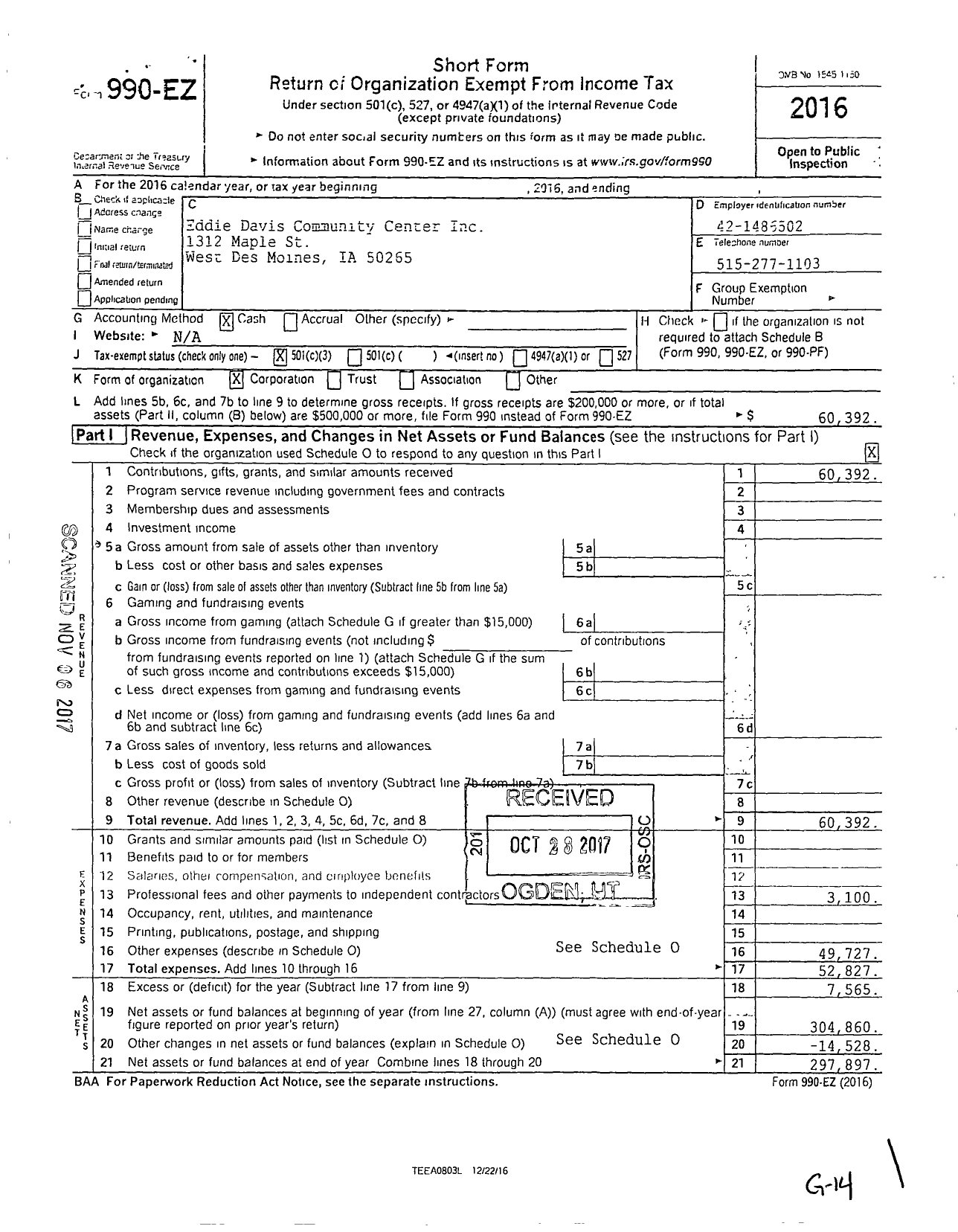 Image of first page of 2016 Form 990EZ for Eddie Davis Community Center
